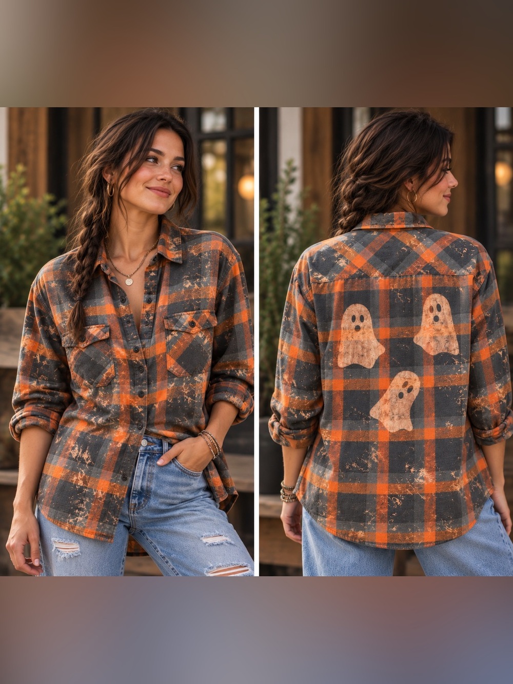 Rusty XL Upcycled Plaid Flannel Halloween Bleached Ghosts OOAK Wearable Art